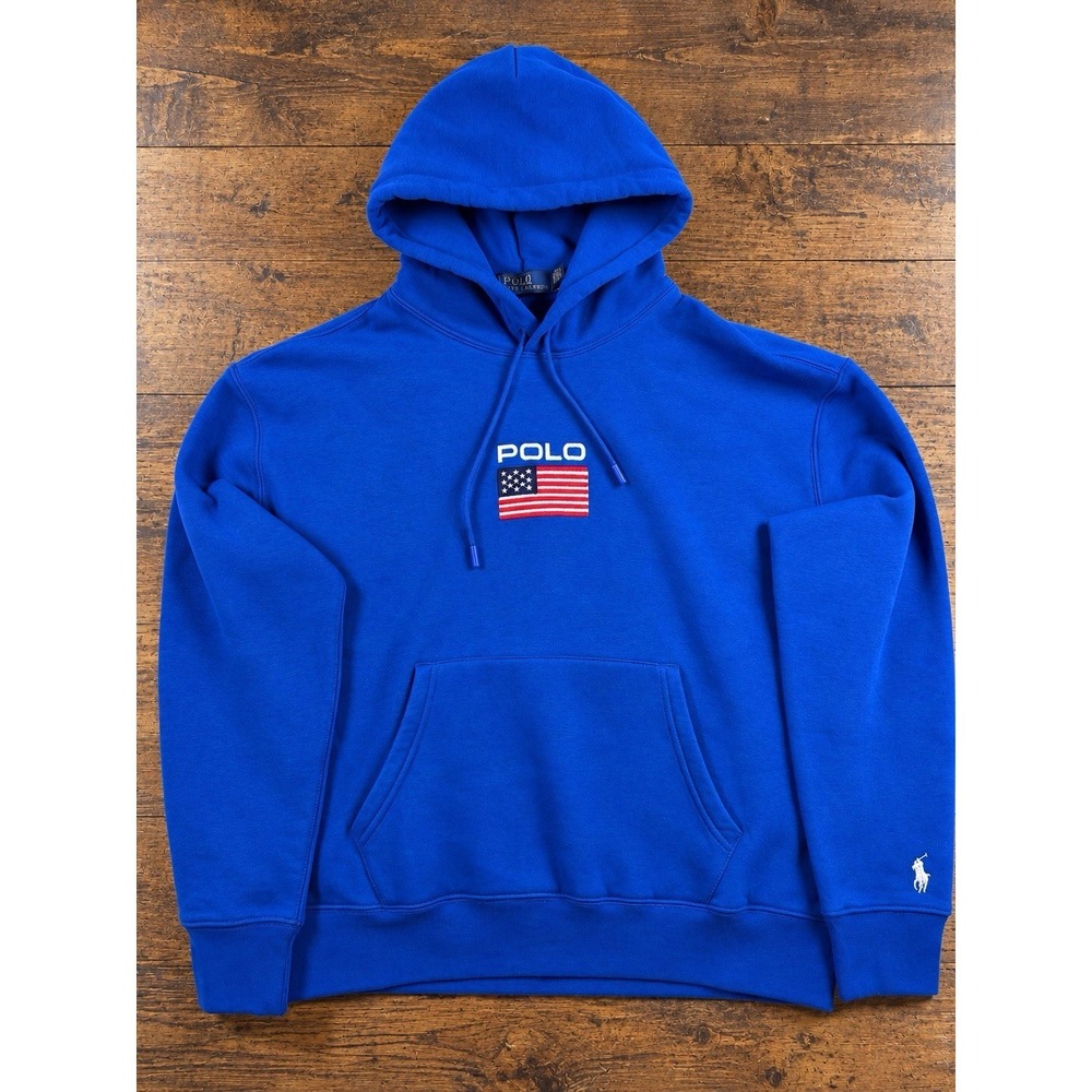 Polo Ralph Lauren Flag Fleece Hoodie Mens Large Blue USA American Flag Pony NWOT